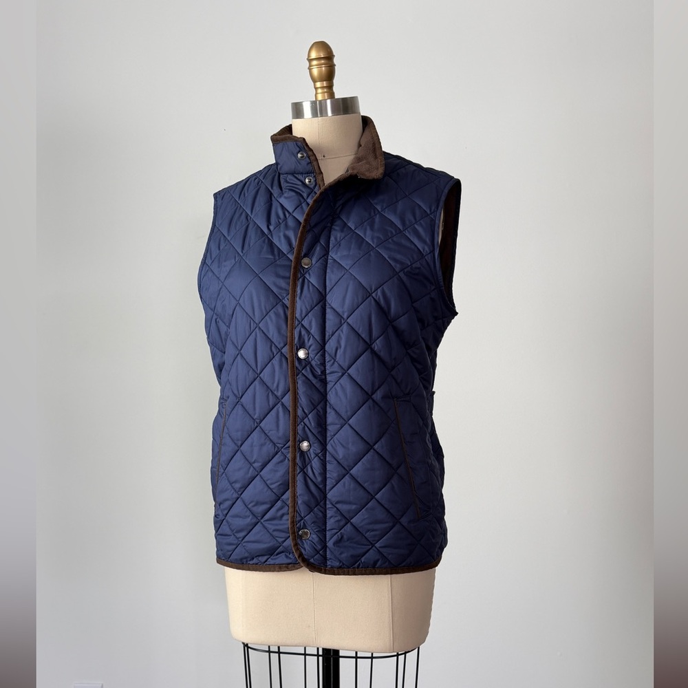 Peter Millar Vest Classic Essex Quilted Traveler Navy Blue and Brown Trim Men’s - Picture 4 of 16